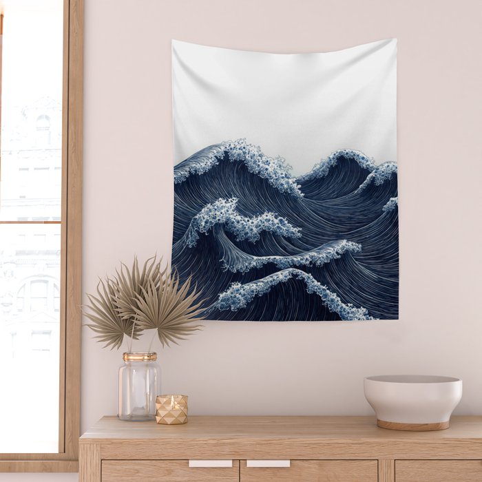 Japanese Wall Art Wave Poster Ocean Wall Art Minimalist Print Blue Japandi Art Wabi Sabi Painting Wall Tapestry Gallery Image 2