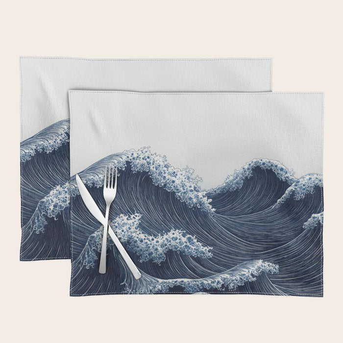 Japanese Wall Art Wave Poster Ocean Wall Art Minimalist Print Blue Japandi Art Wabi Sabi Painting Placemat Gallery Image 1