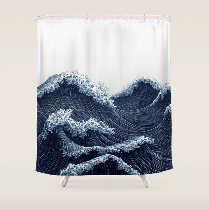 Japanese Wall Art Wave Poster Ocean Wall Art Minimalist Print Blue Japandi Art Wabi Sabi Painting Shower Curtain Gallery Image 1