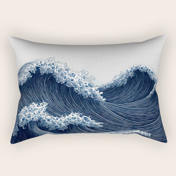 Japanese Wall Art Wave Poster Ocean Wall Art Minimalist Print Blue Japandi Art Wabi Sabi Painting Rectangular Pillow Gallery Image 1