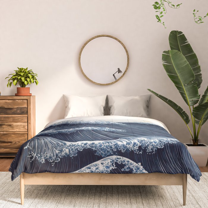 Japanese Wall Art Wave Poster Ocean Wall Art Minimalist Print Blue Japandi Art Wabi Sabi Painting Comforter Gallery Image 3