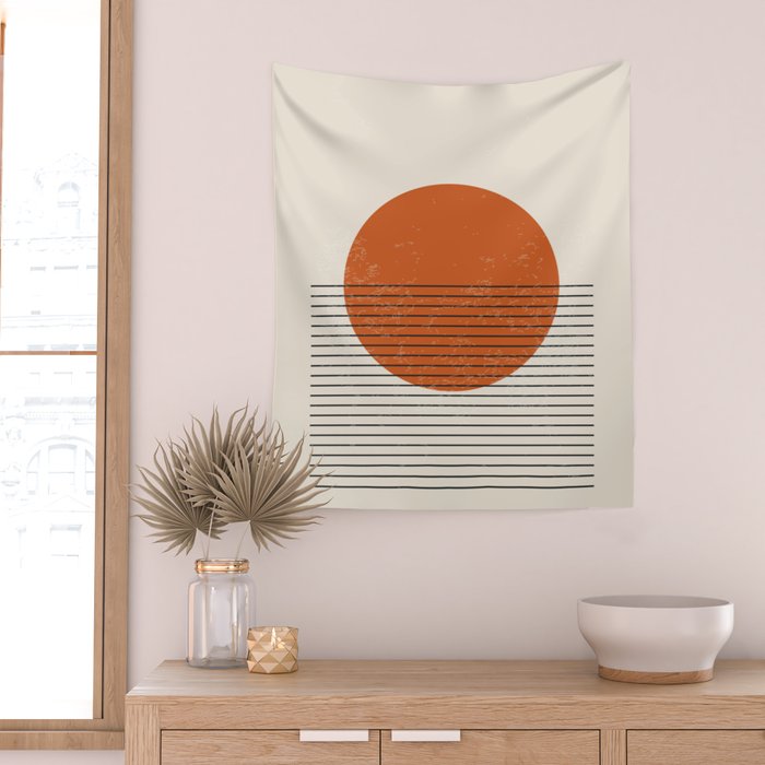 Red Sunset Circle Stripes Mid Century Modern Minimalist Rothko Inspired Colourfield Stripes Wall Tapestry Gallery Image 2