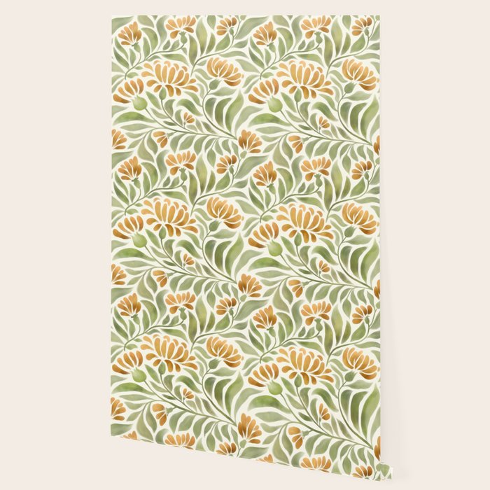 Watercolor Peony pattern in yellow and olive green Wallpaper Gallery Image 2
