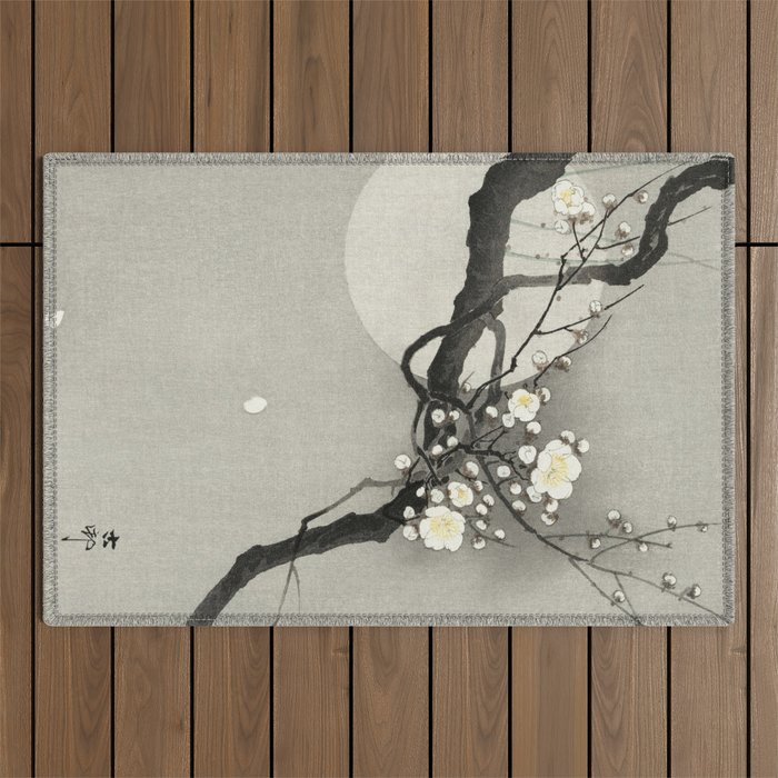 Ohara Koson, Blossoming Tree And Full Moon - Vintage Japanese Woodblock Print Outdoor Rug Gallery Image 1