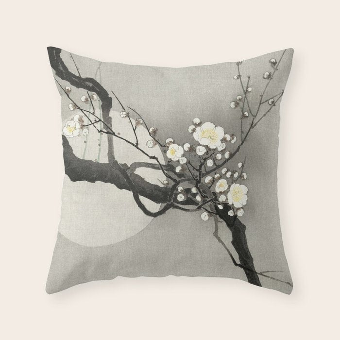 Ohara Koson, Blossoming Tree And Full Moon - Vintage Japanese Woodblock Print Throw Pillow Gallery Image 6