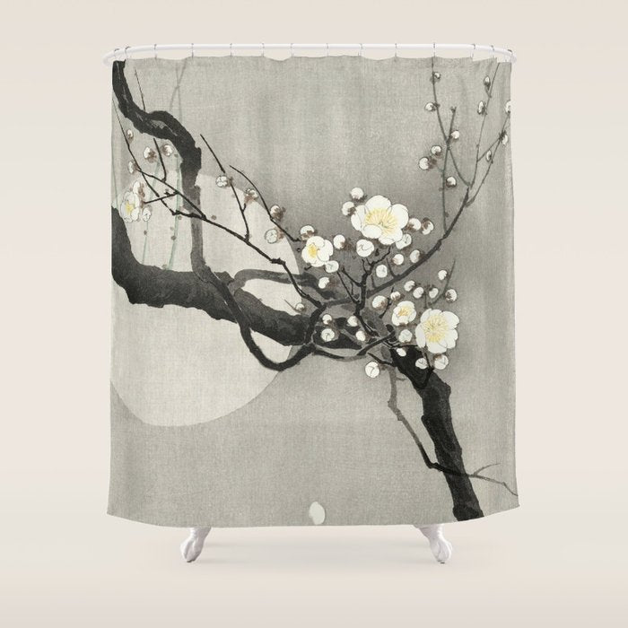 Ohara Koson, Blossoming Tree And Full Moon - Vintage Japanese Woodblock Print Shower Curtain Gallery Image 1