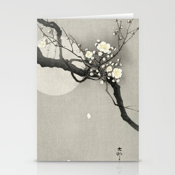 Ohara Koson, Blossoming Tree And Full Moon - Vintage Japanese Woodblock Print Stationery Card Gallery Image 1