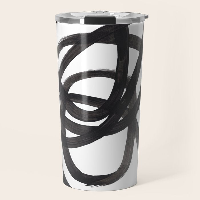 Black And White Minimalist Mid Century Abstract Ink Art Circle Swirls Black Circles Minimal Travel Mug Gallery Image 1