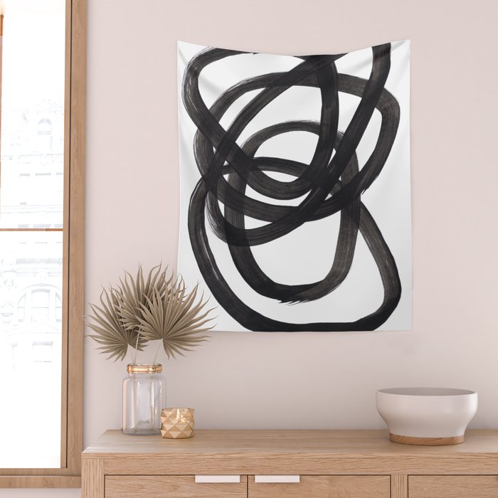 Black And White Minimalist Mid Century Abstract Ink Art Circle Swirls Black Circles Minimal Wall Tapestry Gallery Image 2