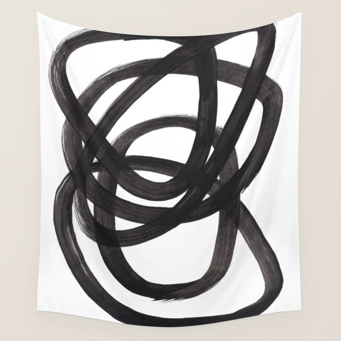 Black And White Minimalist Mid Century Abstract Ink Art Circle Swirls Black Circles Minimal Wall Tapestry Gallery Image 1