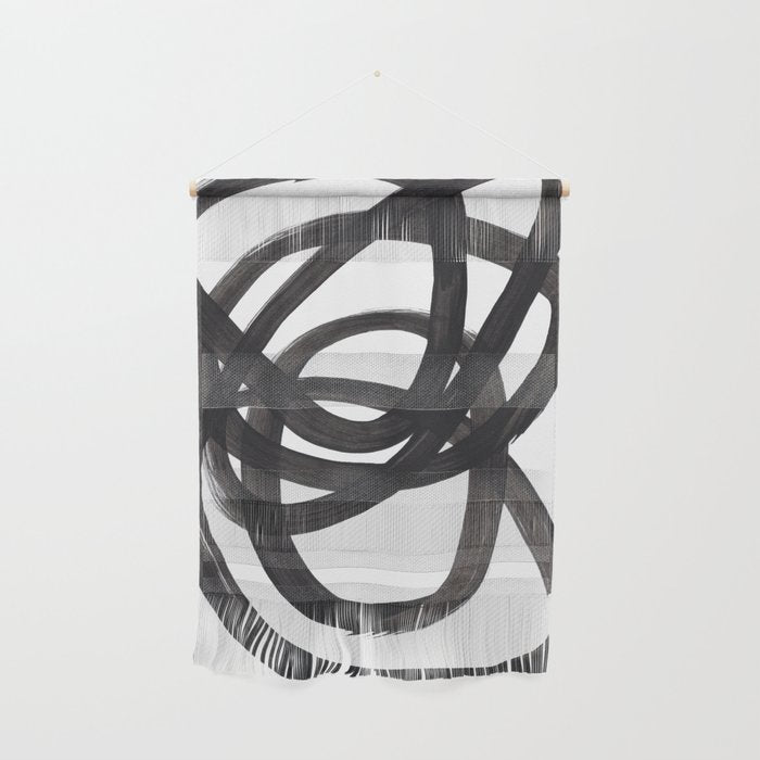 Black And White Minimalist Mid Century Abstract Ink Art Circle Swirls Black Circles Minimal Wall Hanging Gallery Image 1