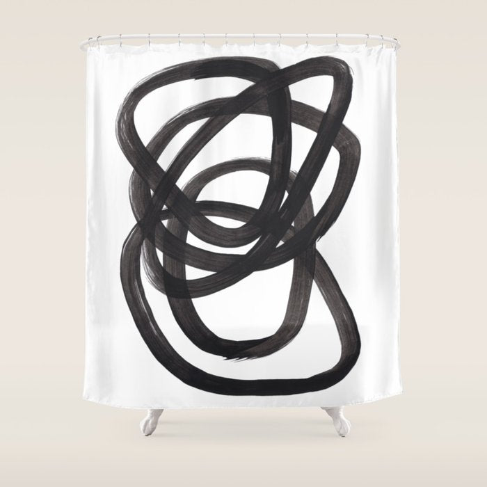 Black And White Minimalist Mid Century Abstract Ink Art Circle Swirls Black Circles Minimal Shower Curtain Gallery Image 1