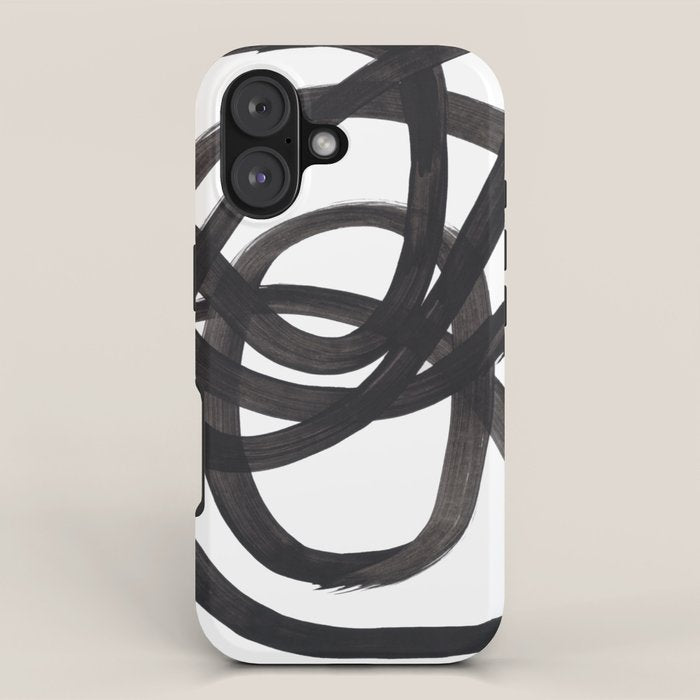 Black And White Minimalist Mid Century Abstract Ink Art Circle Swirls Black Circles Minimal iPhone Case Gallery Image 1