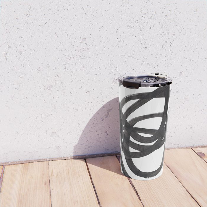 Black And White Minimalist Mid Century Abstract Ink Art Circle Swirls Black Circles Minimal Travel Mug Gallery Image 4