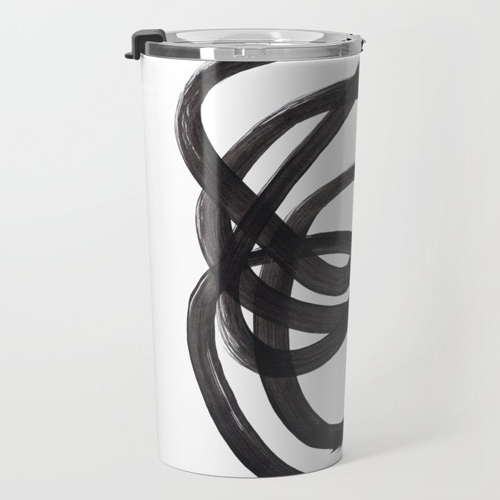 Black And White Minimalist Mid Century Abstract Ink Art Circle Swirls Black Circles Minimal Travel Mug Gallery Image 3