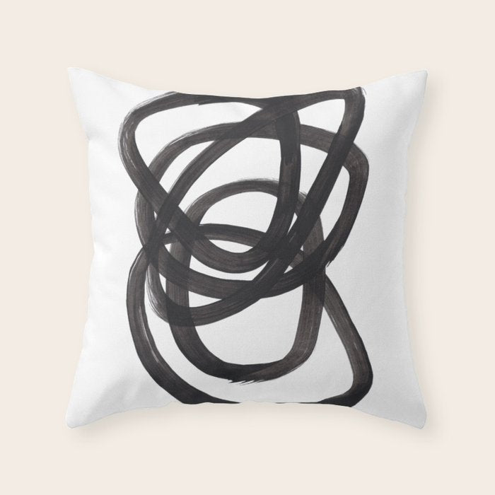 Black And White Minimalist Mid Century Abstract Ink Art Circle Swirls Black Circles Minimal Throw Pillow Gallery Image 1