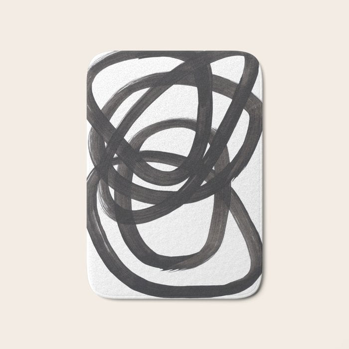 Black And White Minimalist Mid Century Abstract Ink Art Circle Swirls Black Circles Minimal Bath Mat Gallery Image 1