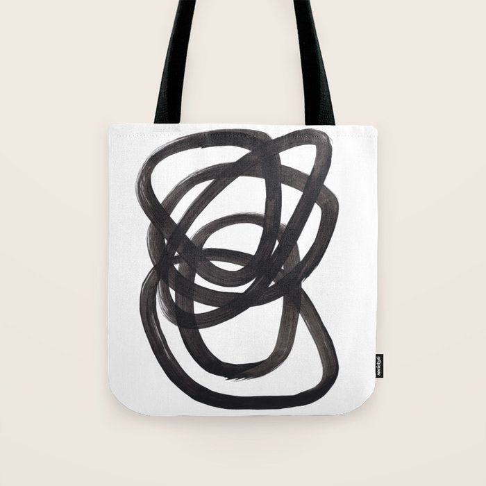 Black And White Minimalist Mid Century Abstract Ink Art Circle Swirls Black Circles Minimal Tote Bag Gallery Image 1