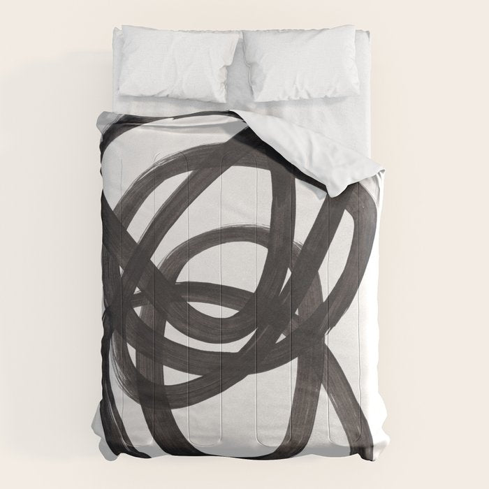 Black And White Minimalist Mid Century Abstract Ink Art Circle Swirls Black Circles Minimal Comforter Gallery Image 1