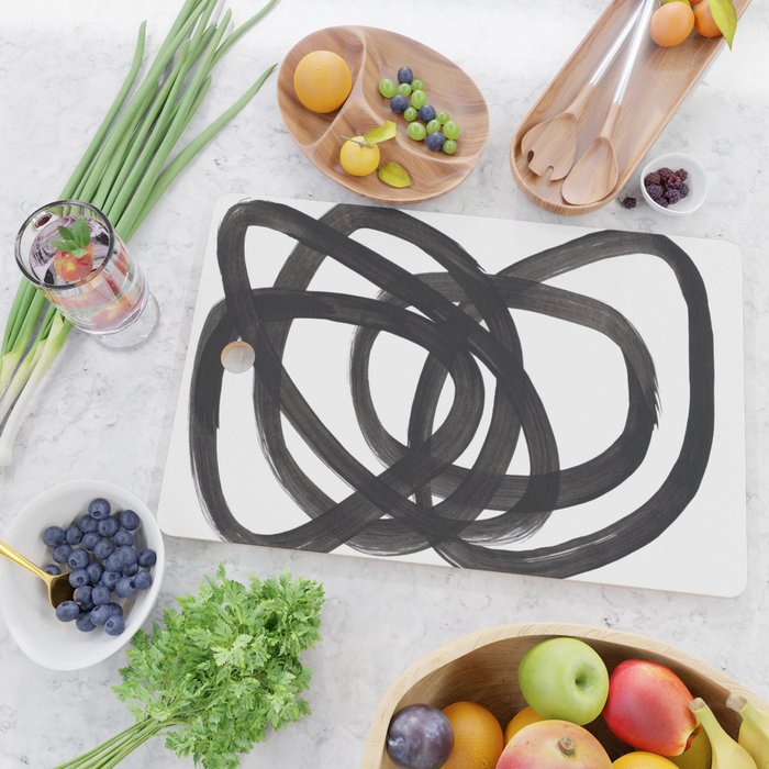 Black And White Minimalist Mid Century Abstract Ink Art Circle Swirls Black Circles Minimal Cutting Board Gallery Image 2