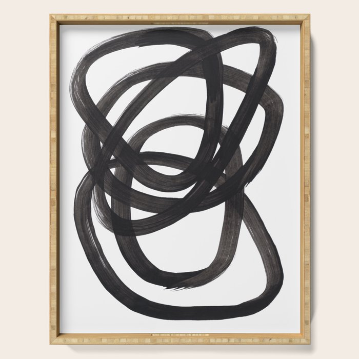 Black And White Minimalist Mid Century Abstract Ink Art Circle Swirls Black Circles Minimal Serving Tray Gallery Image 1
