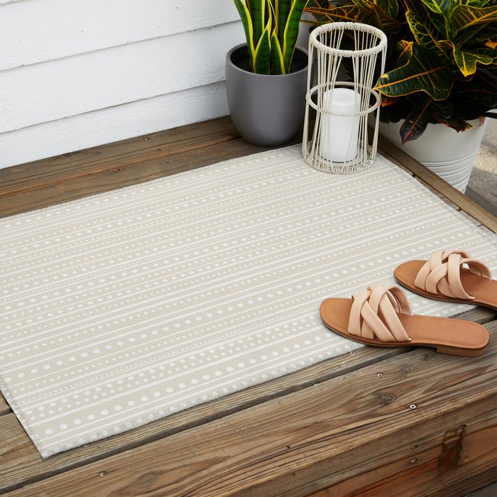 Bamako Textured Striped and Dotted Pattern in Pale Beige Cream and White Outdoor Rug Gallery Image 2