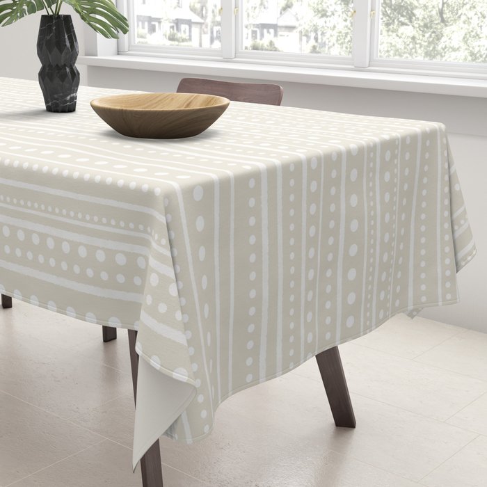 Bamako Textured Striped and Dotted Pattern in Pale Beige Cream and White Tablecloth Gallery Image 3