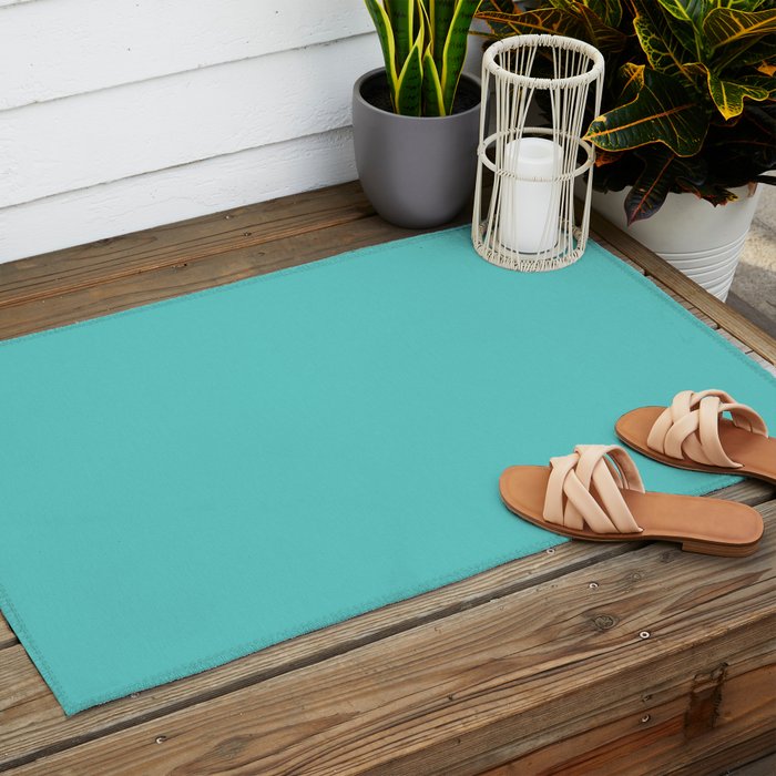 Bright Aqua Cyan Blue-Green Turquoise Solid  Outdoor Rug Gallery Image 2