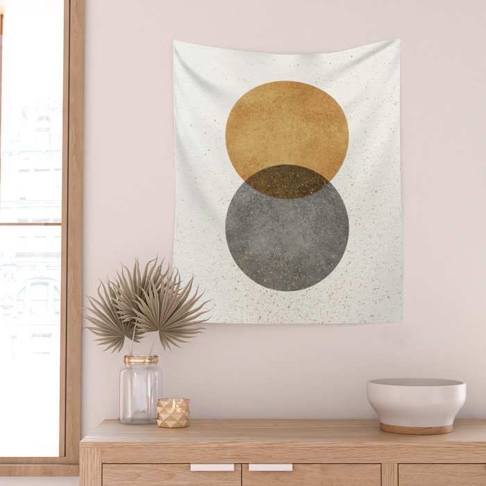 Circle Abstract - Gold Grey Texture Wall Tapestry Gallery Image 2