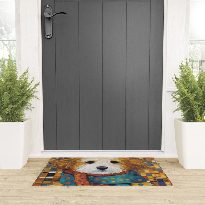 Gustav Klimt Style Dog with a Colorful Scarf Welcome Mat Gallery Image 3