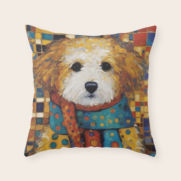Gustav Klimt Style Dog with a Colorful Scarf Throw Pillow Gallery Image 6