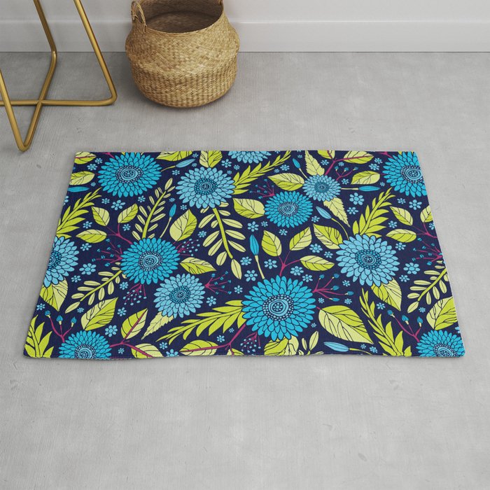 Turquoise Blue, Lime Green, Magenta & Navy Floral Pattern Rug Gallery Image 1