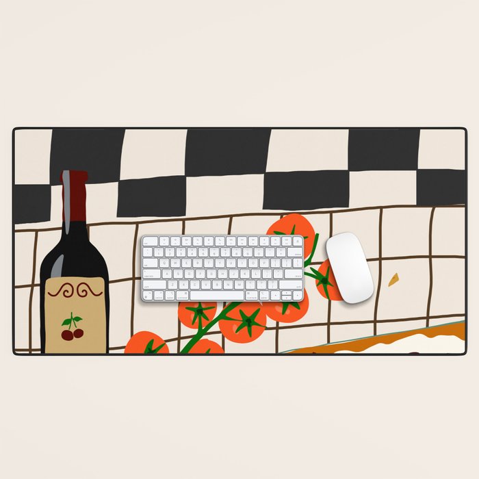 Lasagna parmesan and wne dinner - homemade meal illustration Desk Mat Gallery Image 1