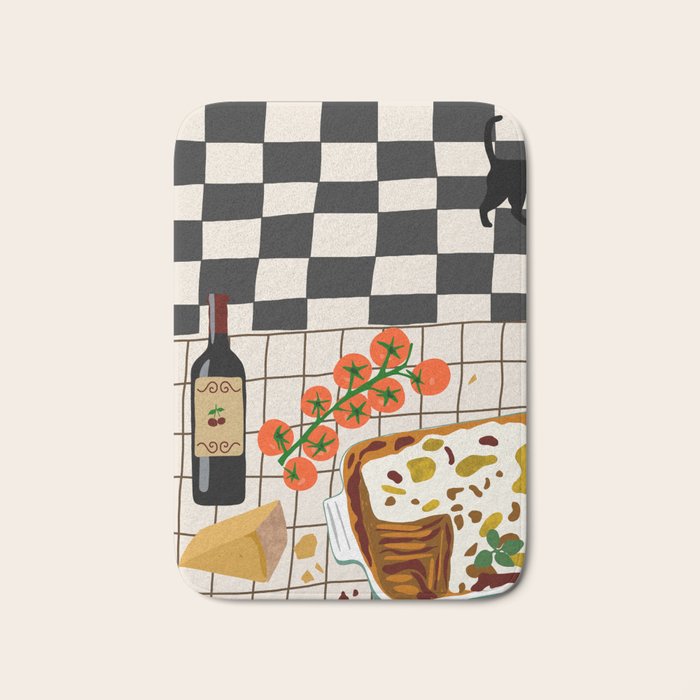 Lasagna parmesan and wne dinner - homemade meal illustration Bath Mat Gallery Image 1