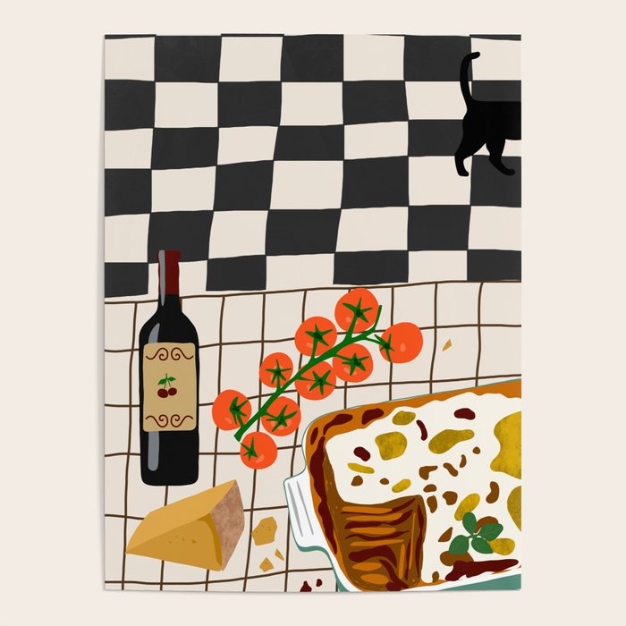 Lasagna parmesan and wne dinner - homemade meal illustration Poster Gallery Image 4