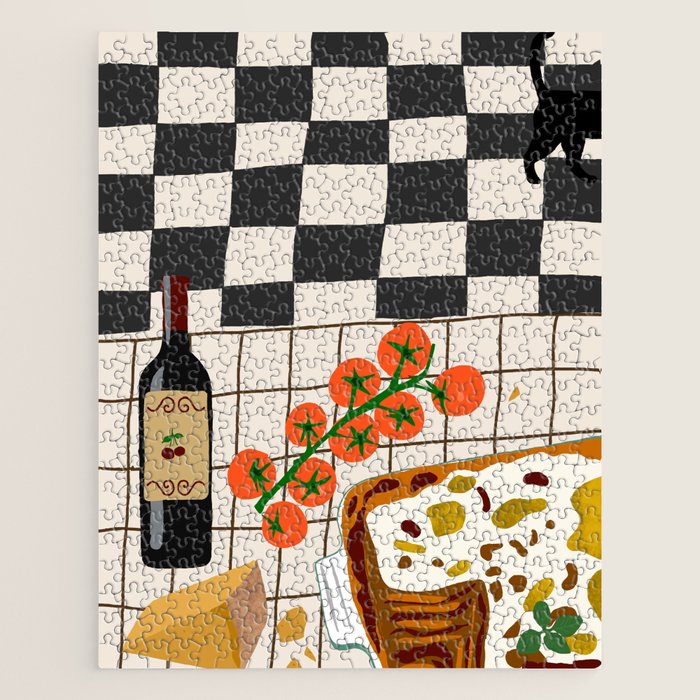 Lasagna parmesan and wne dinner - homemade meal illustration Jigsaw Puzzle Gallery Image 1