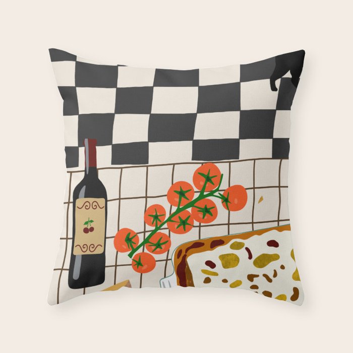 Lasagna parmesan and wne dinner - homemade meal illustration Throw Pillow Gallery Image 1