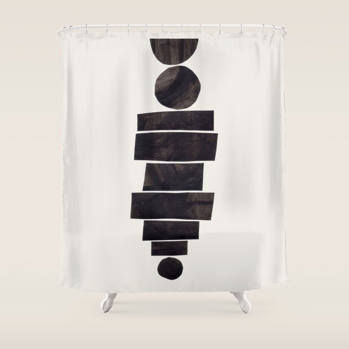 Black & White Minimalist Mid Century Paper collage Funky Black Ink Tribal Geometric by Ejaaz Haniff Shower Curtain Gallery Image 1