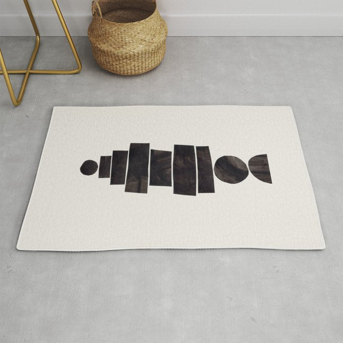 Black & White Minimalist Mid Century Paper collage Funky Black Ink Tribal Geometric by Ejaaz Haniff Rug Gallery Image 1
