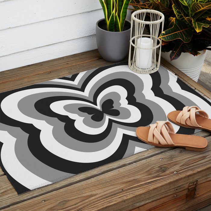 Retro 70s Butterfly in Black & White Outdoor Rug Gallery Image 2