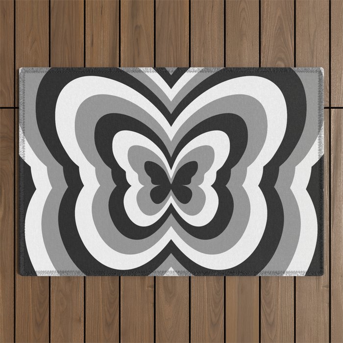 Retro 70s Butterfly in Black & White Outdoor Rug Gallery Image 1