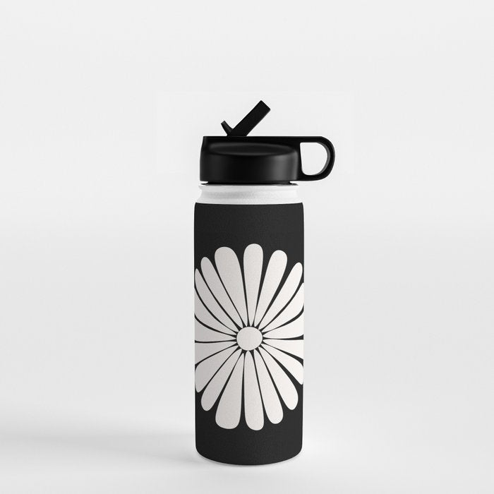 Retro Daisy Abstract II Black and White Bold Floral Water Bottle Gallery Image 1