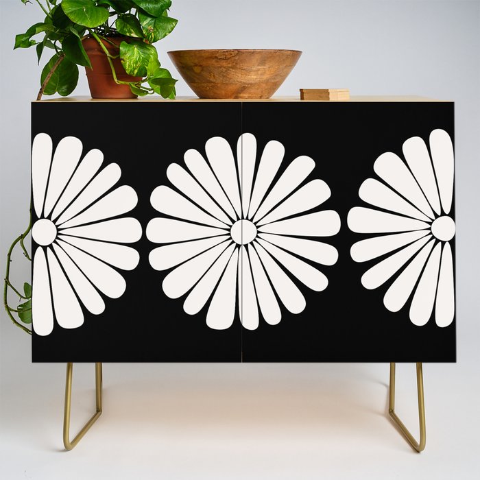 Retro Daisy Abstract II Black and White Bold Floral Credenza Gallery Image 1