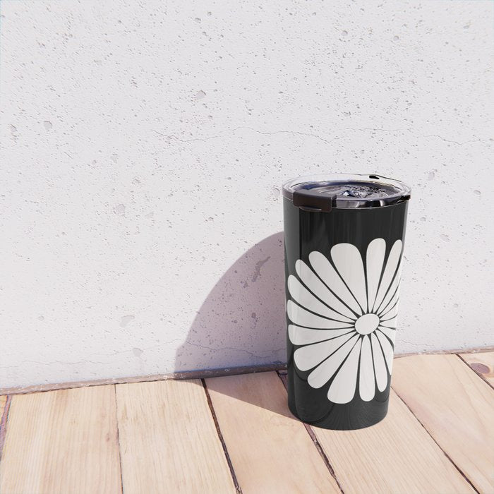 Retro Daisy Abstract II Black and White Bold Floral Travel Mug Gallery Image 4
