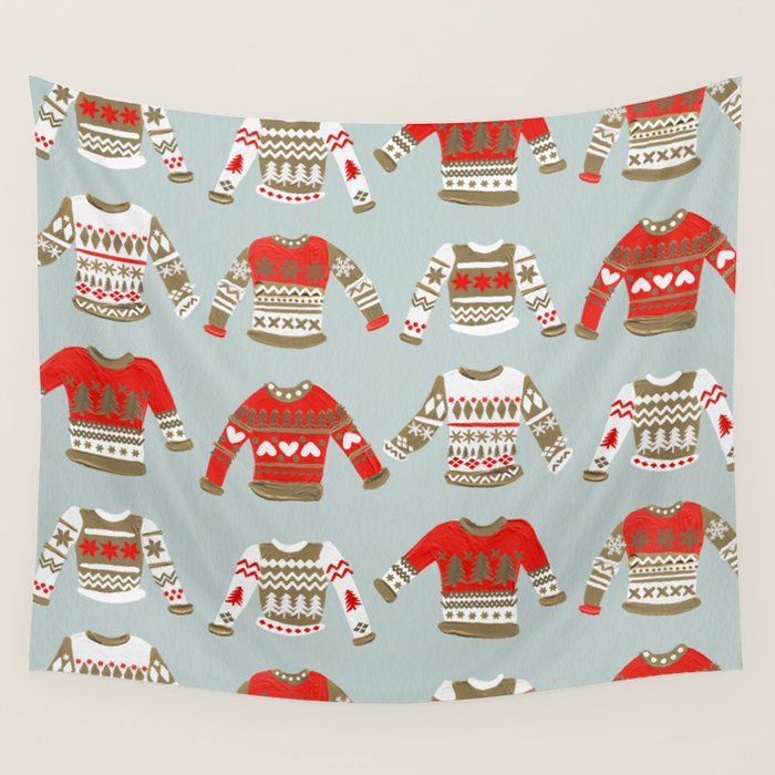 Christmas Sweaters - Vintage Gold & Red Palette Wall Tapestry Gallery Image 4