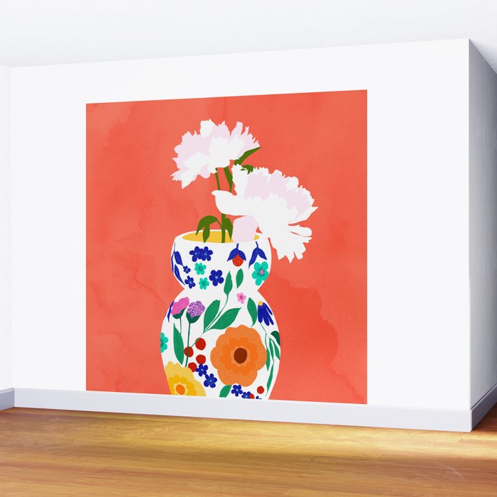 The Flowerpot, Floral Nature Watercolor Painting, Eclectic Bohemian Blossom Plants, Maximalism Contemporary Boho Wall Mural Gallery Image 2