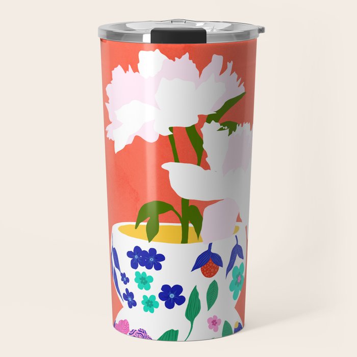 The Flowerpot, Floral Nature Watercolor Painting, Eclectic Bohemian Blossom Plants, Maximalism Contemporary Boho Travel Mug Gallery Image 1