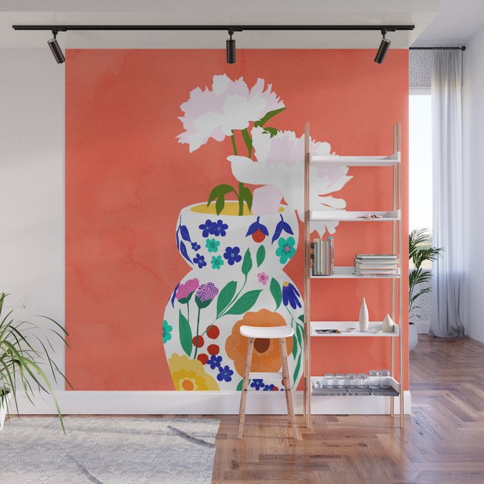 The Flowerpot, Floral Nature Watercolor Painting, Eclectic Bohemian Blossom Plants, Maximalism Contemporary Boho Wall Mural Gallery Image 1