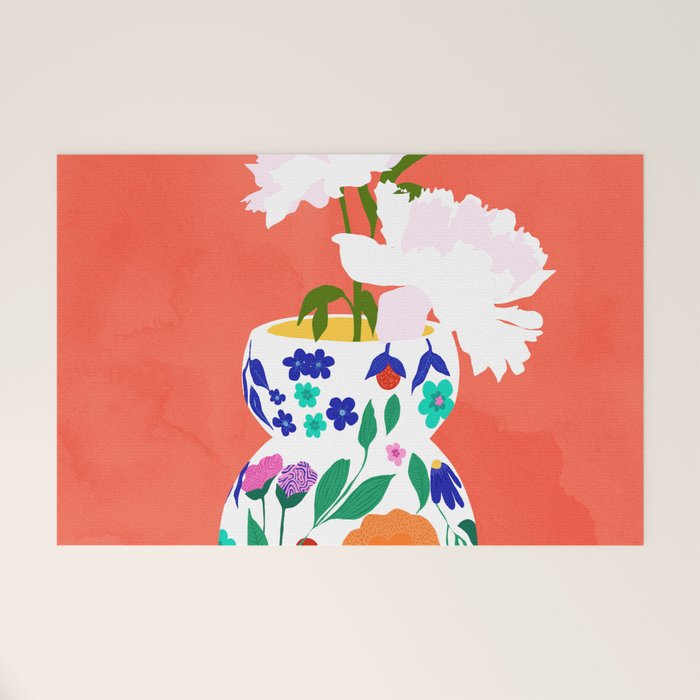 The Flowerpot, Floral Nature Watercolor Painting, Eclectic Bohemian Blossom Plants, Maximalism Contemporary Boho Welcome Mat Gallery Image 1