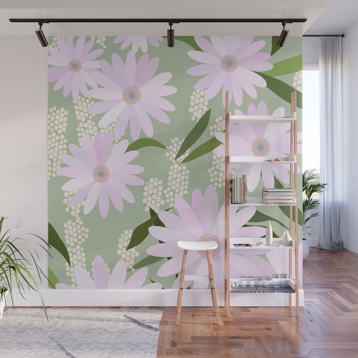 Playful Daisies | 01 - Lilac And Pastel Green Wall Mural Gallery Image 1